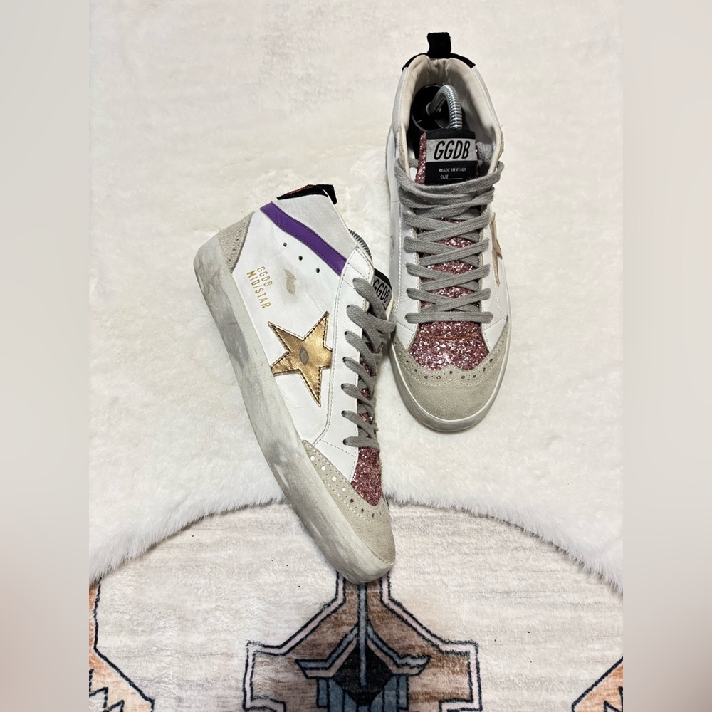 Golden Goose Mid-Top Sneakers with Gold Star and Pink Glitter Accents